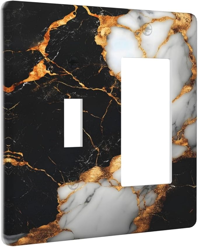 Decorative Outlet Covers Black Gold Marble 2-Gang Combo Light Switch Cover Plate Single Toggle/Rocker Wall Plate Plug Switch Plate Covers for Country Bathroom Bedroom Decor