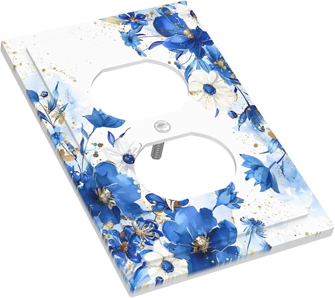 Klein Blue Flowers Watercolor Golden White Floral Outlet Covers 1 Gang Duplex Light Switch Cover Decorative Switch Plates Electrical Receptacle Faceplate Wall Plate for Bedroom Living Room Decor