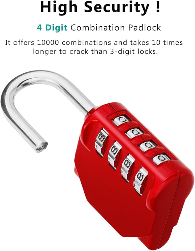 ZHEGE Combination Padlocks, 4 Digit Number Code for Gym, School, Locker Lock, Employee Lock (Red, Pack of 2)