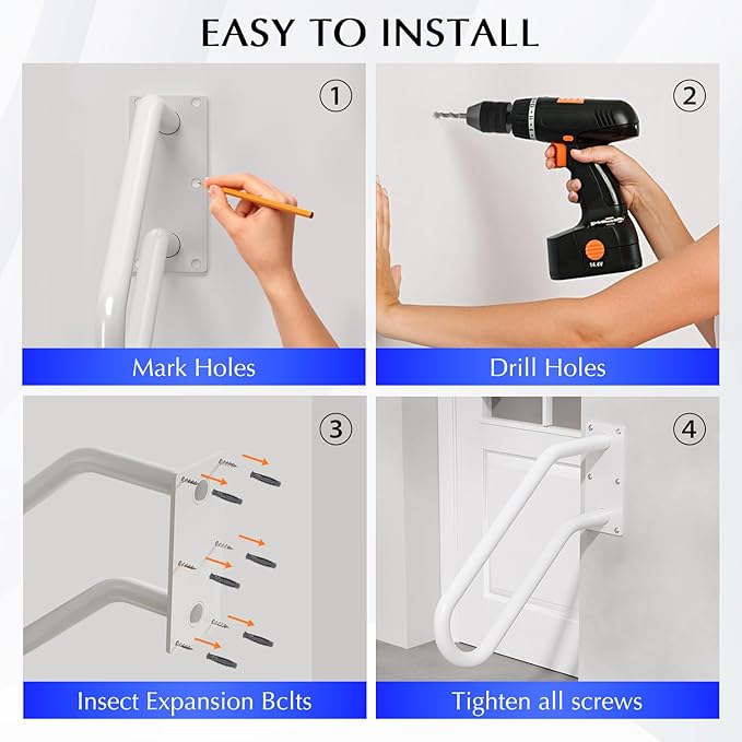 Hand Rails for Outdoor 1-2 Steps, Indoor Stairs, Bathroom, Wall Mount Non-Slip U-Shape Stair Hand Railing White 2 Pack