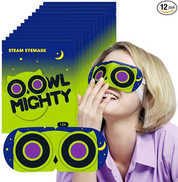 OOwl Mighty Steam Eye Mask, 12 Pack Disposable Self-Heating Warm Compress for Dry Eyes, Puffy Eyes, and Fatigue Relief, Unscented Heated Sleep Mask for Travel, Spa, Home & Gifts for Women & Men