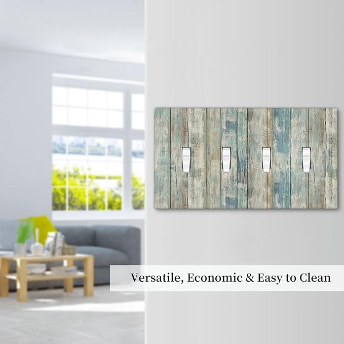 Tea Vintage Wood Plank Distressed Grain Rustic Shiplap Board Quad Toggle Light Switch Covers Decorative 4 Gang Wall Plates Cover 4 Hole Electrical Device Switchplates for Farmhouse Bathroom