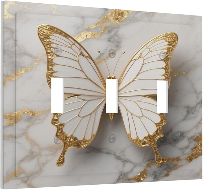 Gold Marble Shine Butterfly Abstract Modern Print Decorative Switch Plates 3 Gang Wall Plate Triple Toggle Light Switch Cover Faceplate Electrical Wall Panels for Bed Room Bathroom Decor