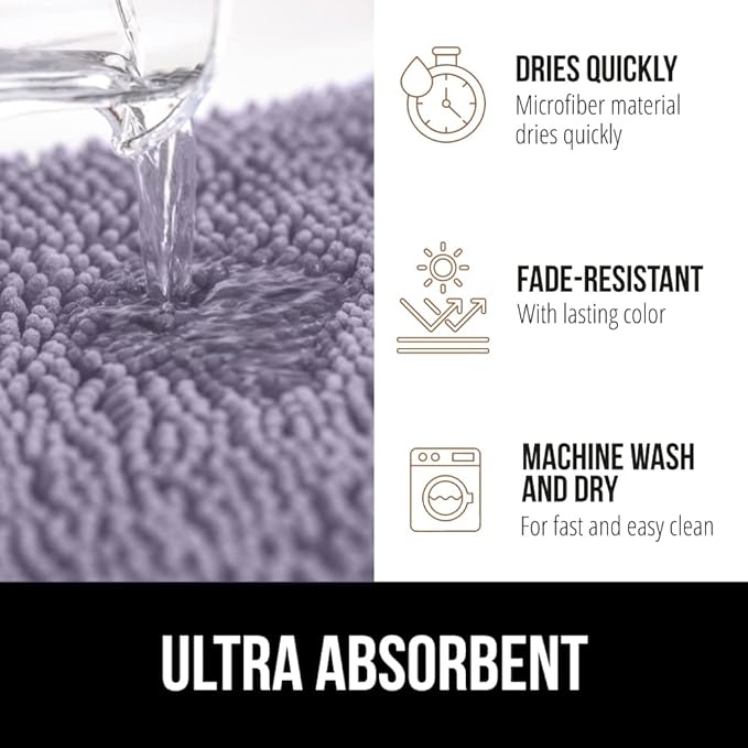 GORILLA GRIP Bath Rug Mat 30x20, Thick Soft Absorbent Chenille, Quick Dry Microfiber Mats, Rubber Backing Washable Shower Floor Rugs, US Designed Bathroom Bathmat Home Decor Accessories, Light Purple