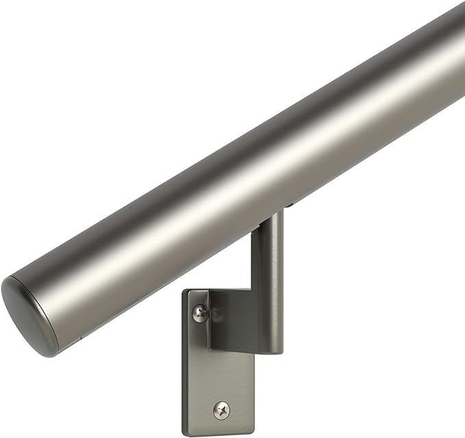 Promenaid 5ft Flush Handrail Kit - Champagne - Complete Indoor/Outdoor Handrail for Stairs - 1.6" Round Anodized Aluminum Railing with 3 Champagne Painted Pivoting Wall Brackets & Flush Endcaps