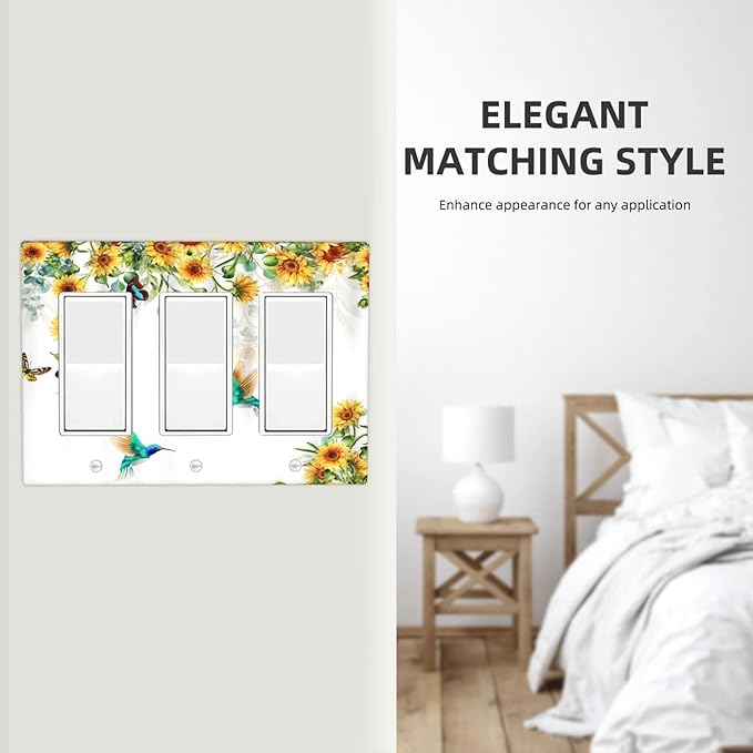 Yellow Sunflower Blue Hummingbird Butterfly Triple Rocker Outlet Covers Decorative Rustic Farmhouse Floral Plant 3 Gang Light Switch Cover Gfci Electrical Switchplate Receptacle Wall Plate