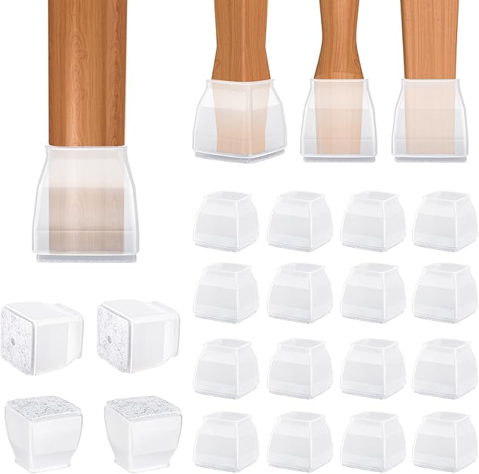 BALEINE 16 Pack Silicone Chair Leg Floor Protectors, Stool Leg Protectors Cap, Non-Slip Chair Leg Caps for Hardwood Floors (Clear & Large (Square), 16 Pack)