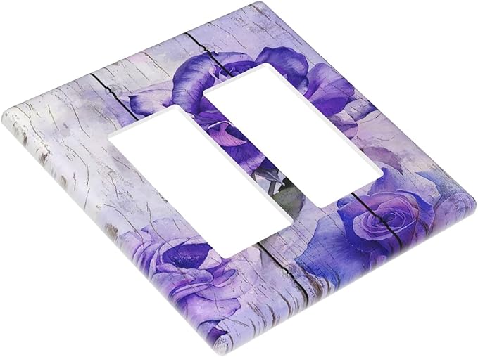 Outlet Covers Purple Rose Flower Rustic Wood Plank 2 Gang Wall Plate Double Rocker Light Switch Cover Decorative GFCI Receptacle Cover Electrical Switchplate for Farmhouse Bathroom Decor