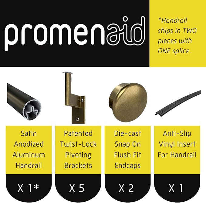 Promenaid 14ft Flush Handrail Kit - Architectural Bronze - Complete Indoor/Outdoor Handrail for Stairs - 1.6" Round Anodized Aluminum Railing With 5 Antique Brass Pivoting Wall Brackets & Flush Endcap