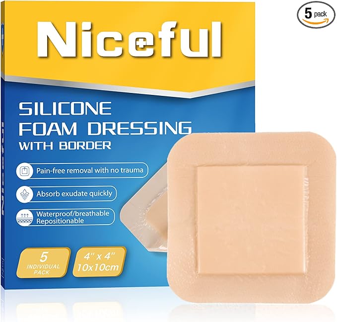 Silicone Foam Dressing 4"x4", Waterproof Silicone Bandages with Border Adhesive, High Absorbency Bed Sore Bandages Wound Care Dressing (2.5"X2.5" Pad), 5 Packs, FSA HSA Eligible