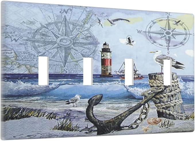 Light Switch Cover Sea Ocean Sand Coast Compass Ship Lighthouse Anchor 4 Gang Switch Plate Quad Toggle Wall Plates Decorative Switchplate Electrical Outlet Cover Plates for Bathroom Decor