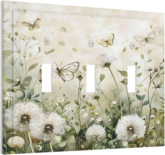 Dandelions Butterflies Watercolor Wildflowers Floral Decorative Switch Plates 3 Gang Wall Plate Triple Toggle Light Switch Cover Faceplate Electrical Wall Panels for Bedroom Living Room Decor