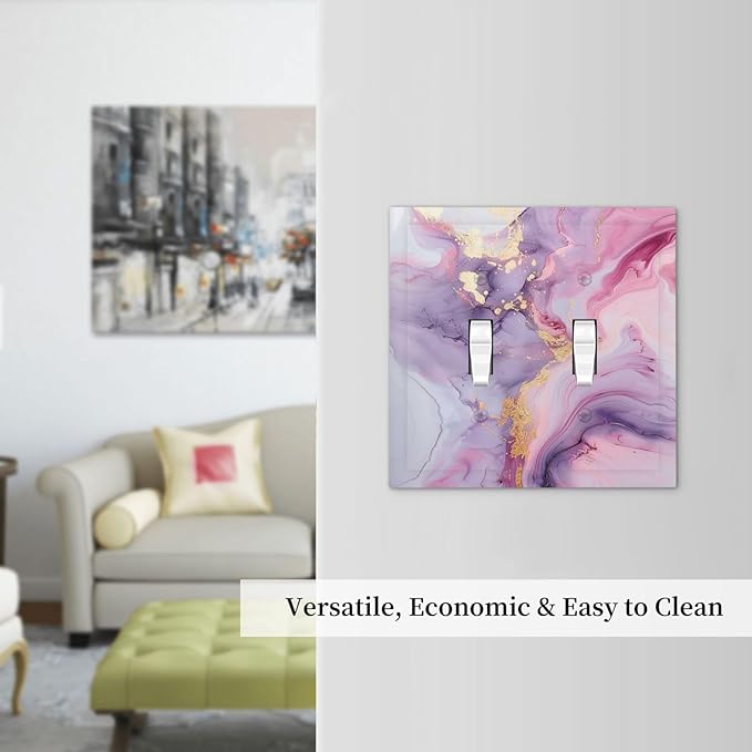 Decorative Switch Plates Pink Marble Abstract Purple Gold Texture 2 Gang Double Toggle Outlet Light Switch Cover Wall Plate Electrical Faceplate for Bathroom living Room Decor