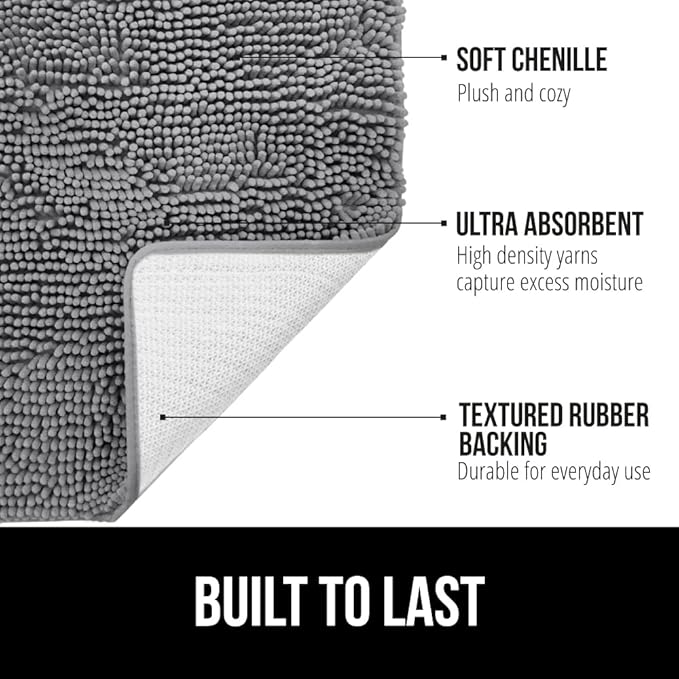 GORILLA GRIP Bath Rug Mat 48x17, Thick Soft Absorbent Chenille, Quick Dry Microfiber Mats, Rubber Backing Washable Shower Floor Rugs, Bathmat Runner, US Designed Bathroom Home Decor Accessories Grey