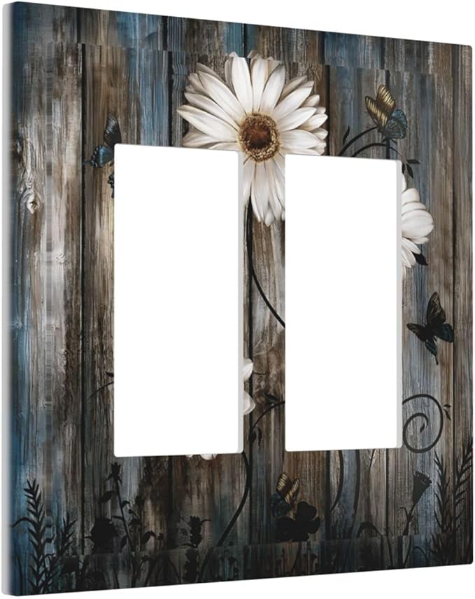 Rustic Wood Background Floral Butterfly Daisy Decorative Outlet Covers 2 Gang Double GFCI Rocker Electrical Wall Panels Light Switch Cover Plate for Farmhouse Bedroom Decor