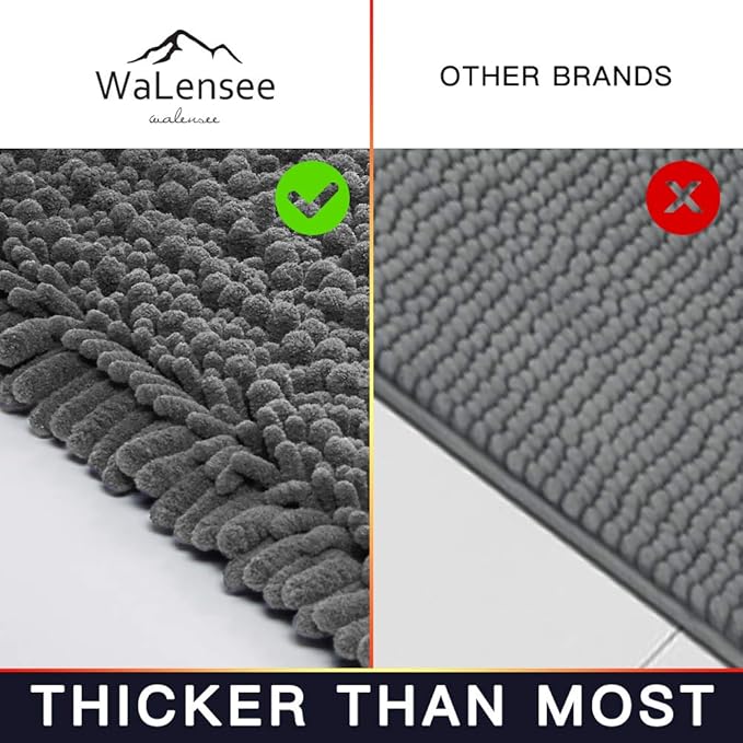 Walensee Bathroom Rug 2 Pieces Set Non Slip Bath Mat (17x24 Plus 20x32 Inch Grey/Gray) Water Absorbent Super Soft Shaggy Chenille Machine Washable Dry Extra Thick Perfect Carpet for Shower Floor