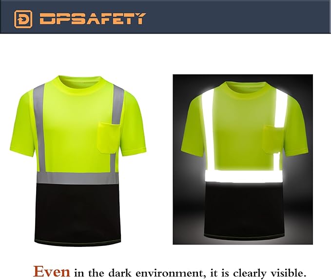 High Visibility Shirts Quick Dry Safety T Shirts with Reflective Strips and Pocket Short Sleeve Mesh Hi Vis Construction Work Class 2 Shirt for Men/Women Black Bottom Lime,5XL
