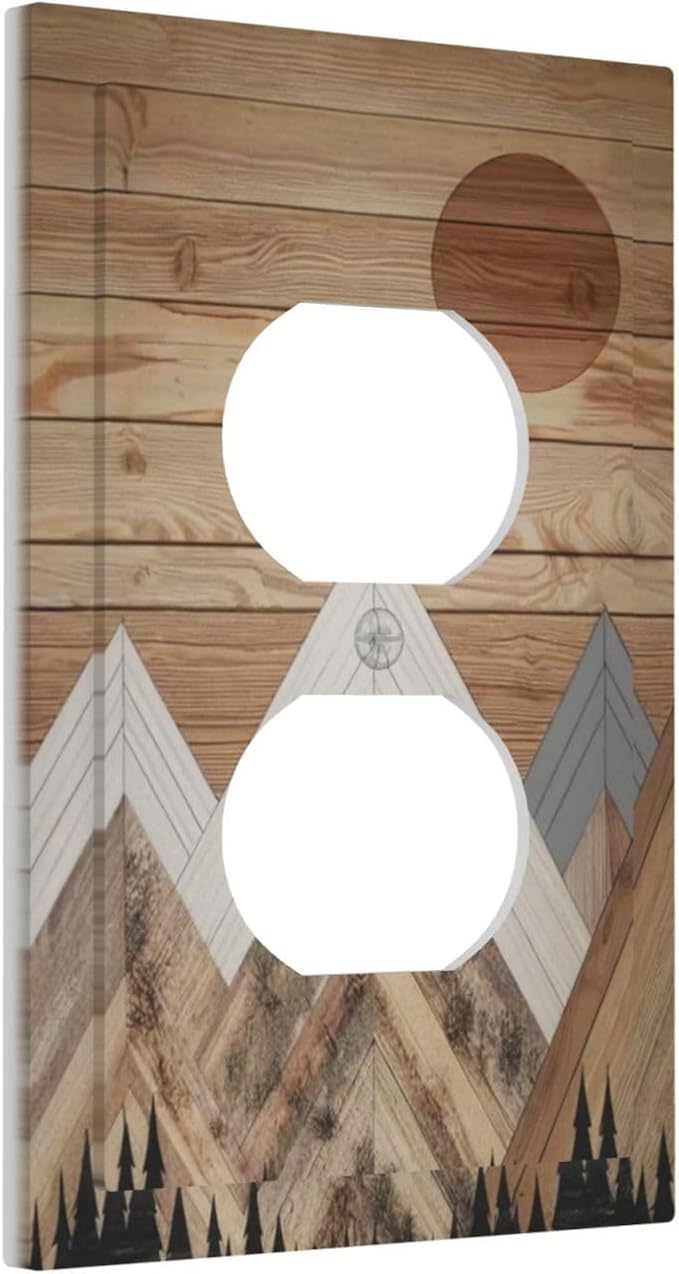 Wooden Planks Mosaic Snow Mountain Sun Outlet Covers 1 Gang Duplex Light Switch Cover Decorative Switch Plates Electrical Receptacle Faceplate Wall Plate for Farmhouse Home Decor