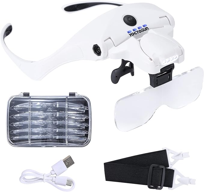 YOCTOSUN Magnifying Glasses with 4 LED Lights, Headband Magnifier with 5 Detachable Lenses 1X, 1.5X, 2X, 2.5X 3.5X -Rechargeable Hands Free Lighted Head Magnifier Glass for Crafts, Cross Stitch, Hobby