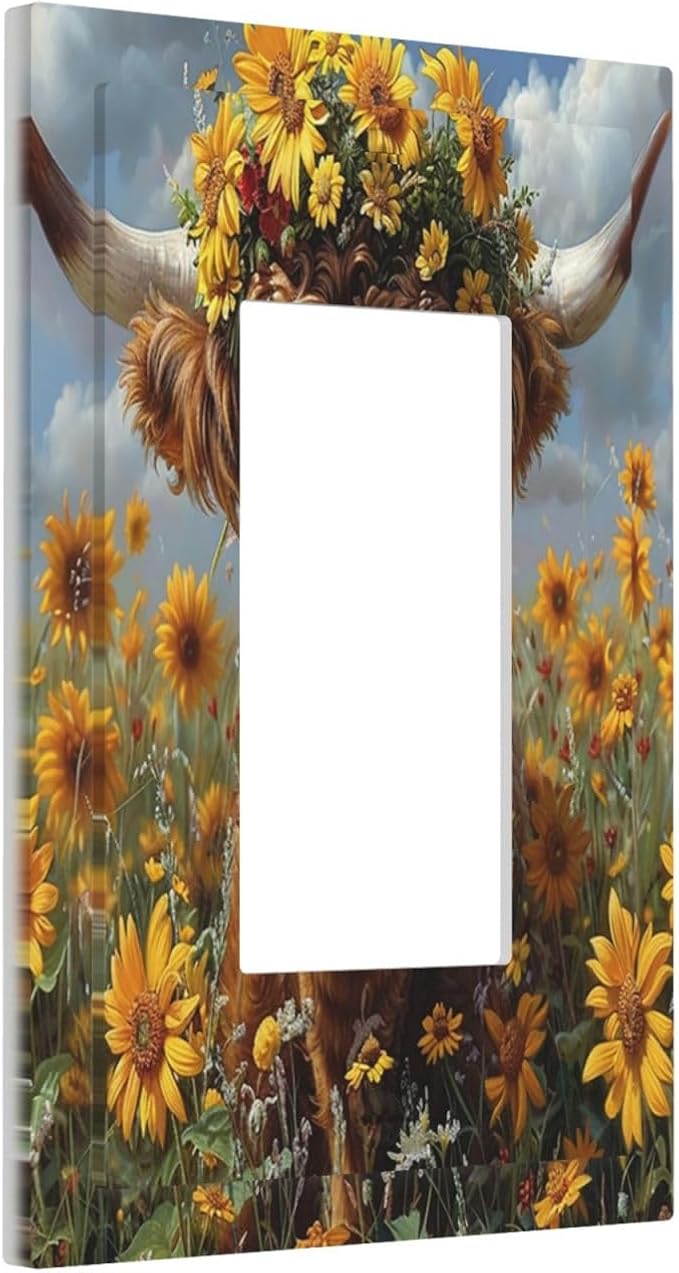 Decorative Outlet Covers Vintage Sunflower Highland Cow Rustic Art 1 Gang Single Rocker Light Switch Cover Plate Wall Plates GFCI Faceplate for Bedroom Farmhouse Decor