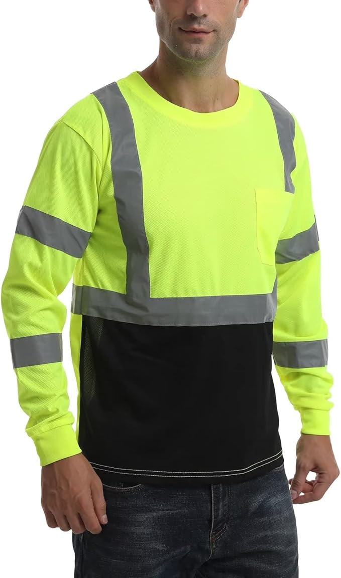 High Visibility Class 3 T Shirts，Hi Vis Safety Shirts with Reflective Strips and Pocket, Long Sleeve Quick Dry Mesh Construction Work Shirt for Men/Women Black Bottom Lime,4XL