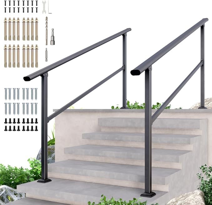 DIYHD 6 Step Handrail for Outdoor,Powder Coated Iron Stair Railing,Black Hand Rails for Indoor, Porch,Deck,2 Pack