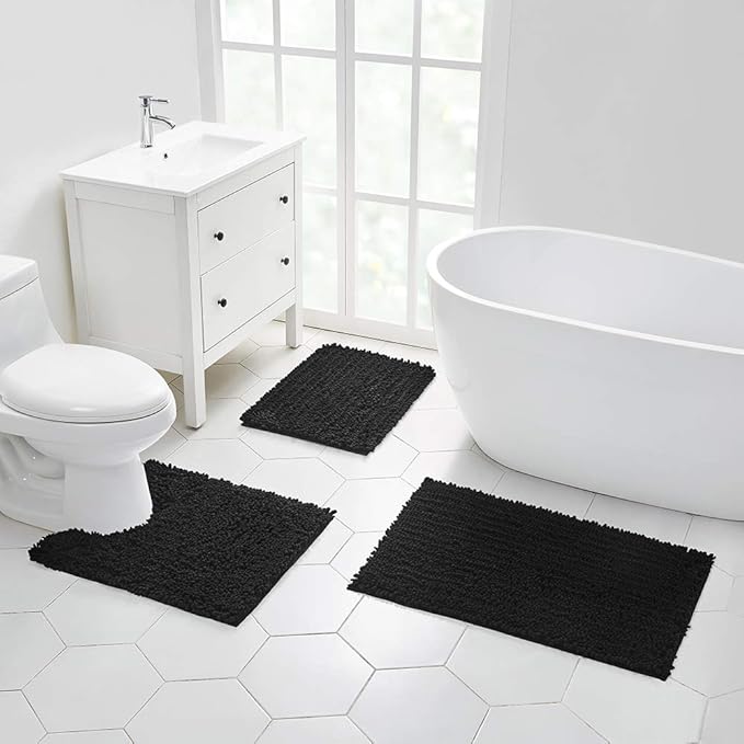 Walensee Bathroom Rug Non Slip Bath Mat (32x20 Inch Black) Water Absorbent Super Soft Shaggy Chenille Machine Washable Dry Extra Thick Perfect Absorbant Best Large Plush Carpet for Shower Floor