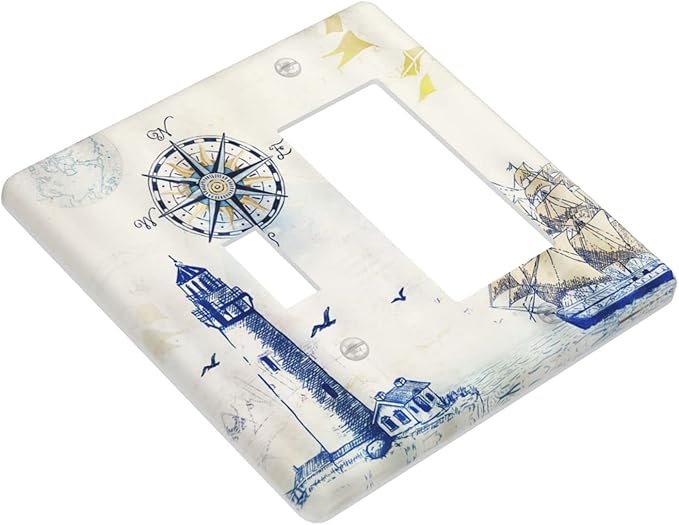 Nautical Sailboat Lighthouse Compass Anchor 2 Gang Light Switch Cover Plates Decorative Combination Toggle Rocker/Decora Wall Plate Rustic Electrical Switchplate for Country Bathroom Decor