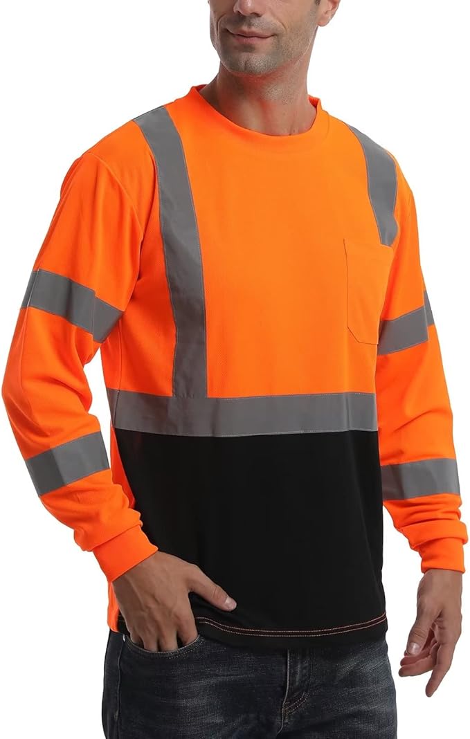 High Visibility Class 3 T Shirts，Hi Vis Safety Shirts with Reflective Strips and Pocket, Long Sleeve Quick Dry Mesh Construction Work Shirt for Men/Women Black Bottom Orange,Medium