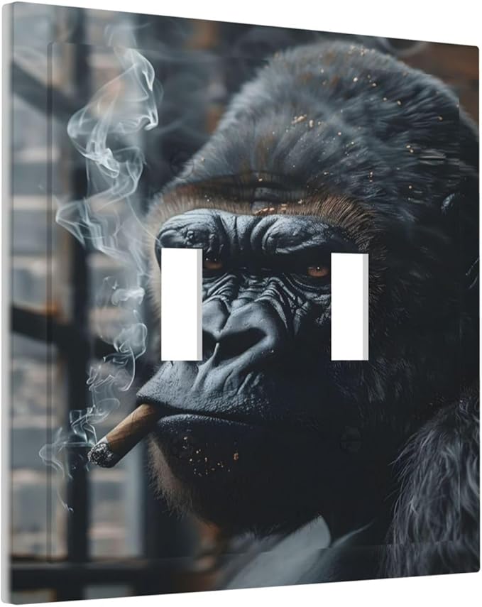 Funny Animal Smoking Black Orangutan Decorative Switch Plates 2 Gang Double Toggle Outlet Light Switch Cover Wall Plate Electrical Faceplate for Farmhouse Home Office Decor