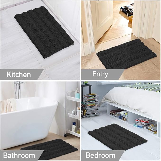 Turquoize Chenille Bathroom Rugs Set - Non-Slip Bath Mats, Extra Soft and Absorbent Shaggy Mats for Floor, Indoor Mat for Kitchen/Entryway (20" x 32" and 17" x 24"), Black