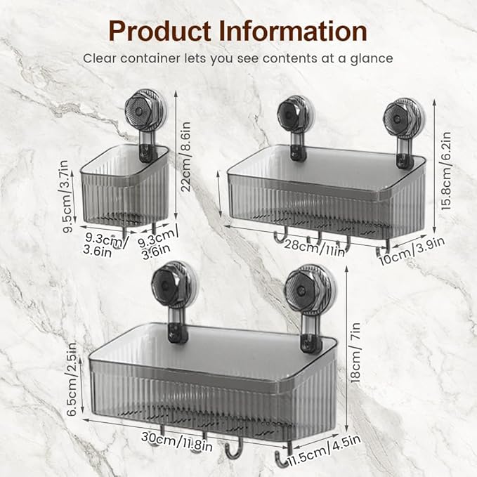 No-Drill Bathroom Suction Storage Box, Corrugated Suction Cup Wall Organizer, Removable Hanging Storage Basket with Strong Hold, Acrylic Shower Caddy for Bathroom (Grey S)
