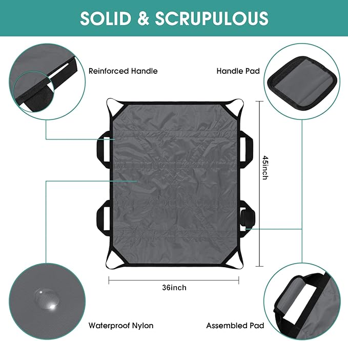 45" x 36" Positioning Bed Pad with Handles Washable Draw Sheets for Hospital Bed Ridden Patient Clothes Waterproof Glide Sheets for Patients Moving Pad for Lifting &Transfer Sheet Nylon, Grey