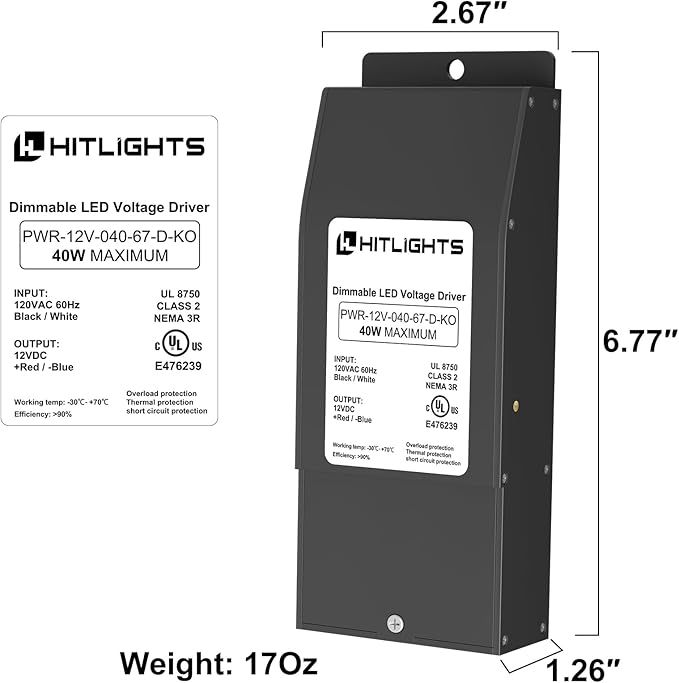 HitLights Dimmable LED Driver 12V 40W(3.4A), Magnetic Power Supply Transformer 120VAC to 12VDC, Compatible with Lutron and Leviton dimmers, for LED Strip Light, Kitchen, Cabinet, Class 2, UL Listed