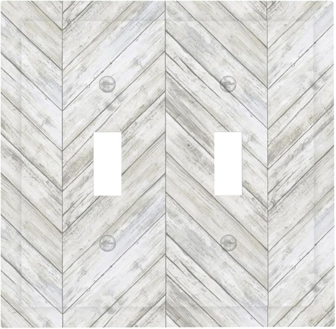 Rustic White Gray Herringbone Wood Plank Double Toggle Light Switch Cover Decorative Vintage Country 2 Gang Wall Plate Electrical Faceplate Switchplate for Farmhouse Bedroom Living Room Decor