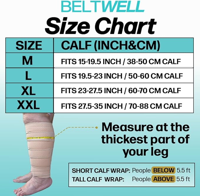 Beltwell® Adjustable Calf Compression Wrap for Swelling, Edema, Lipedema – Easy Leg Compression Sleeve for Circulation, Heaviness, Pain Relief – Ideal Lymphedema Leg Wrap