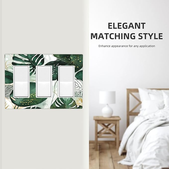 Light Switch Covers Boho Tropical Leaves 3 Gang Rocker Electrical GFCI Decorative Triple Outlet Wall Plate Cover Switchplate for Bedroom Bathroom Decor