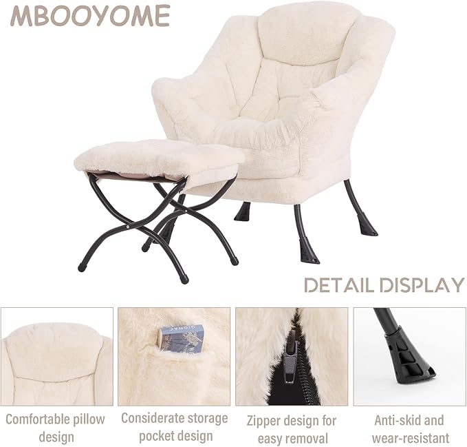 Lazy Chair with Ottoman, Modern Accent Lounge Armchair with Side Pocket & Foldable Footstool, Leisure Reading Chair for Living Room, Bedroom, Dorm & Office, Plush Beige