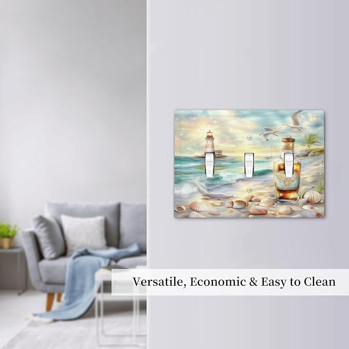 Decorative Switch Plates Beach Ocean Lighthouse Seashells 3 Gang Wall Plate Triple Toggle Light Switch Cover Faceplate Electrical Wall Panels For Bed Room Living Room Decor