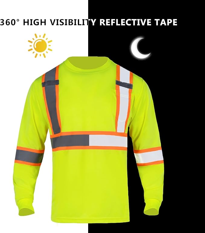 FONIRRA Hi Vis Shirts for Men Reflective ANSI Class 2 Safety Long Sleeve High Visibility Work Construction T Shirts