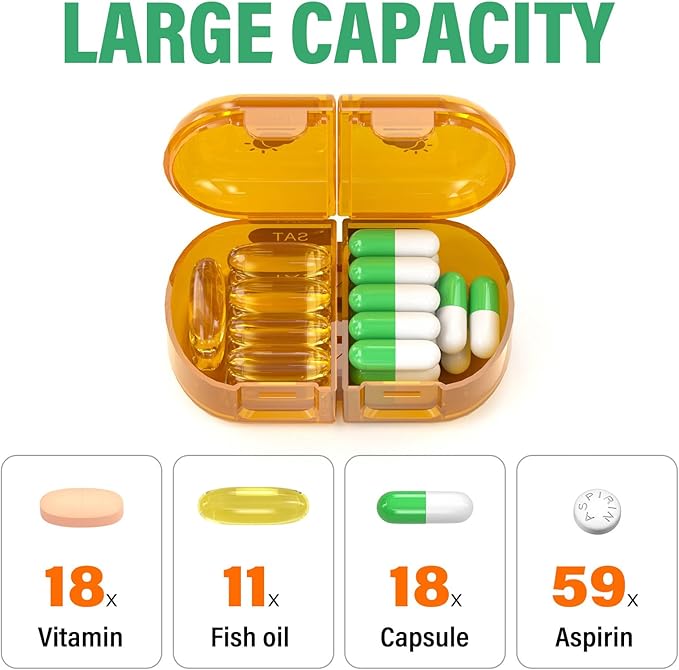 Weekly Pill Organizer 2 Times a Day, Moisture-Proof, Detachable Compartments, AM PM Pill Box 2X 7 Day, Travel Pill Organizer for Pills/Fish Oil/Medication/Vitamin/Supplements (Amber)