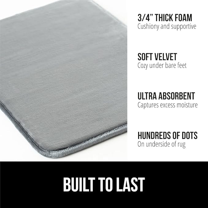 GORILLA GRIP Memory Foam Bath Rugs, Soft Absorbent Velvet Bathroom Mats, Durable Dots on Underside, Machine Washable Bathmat, Carpet Rug Room Decor for Shower Floor, 30x20 Mat, Graphite Gray
