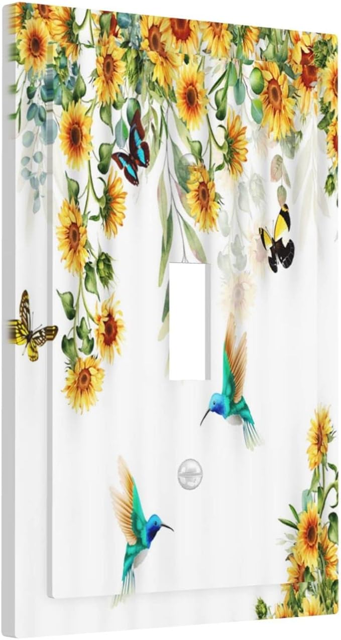 Yellow Sunflower Blue Hummingbird Butterfly Single Toggle Light Switch Covers Decorative Rustic Farmhouse Floral Botanical Plant 1 Gang Wall Plates Cover Electrical Switchplate for Bathroom