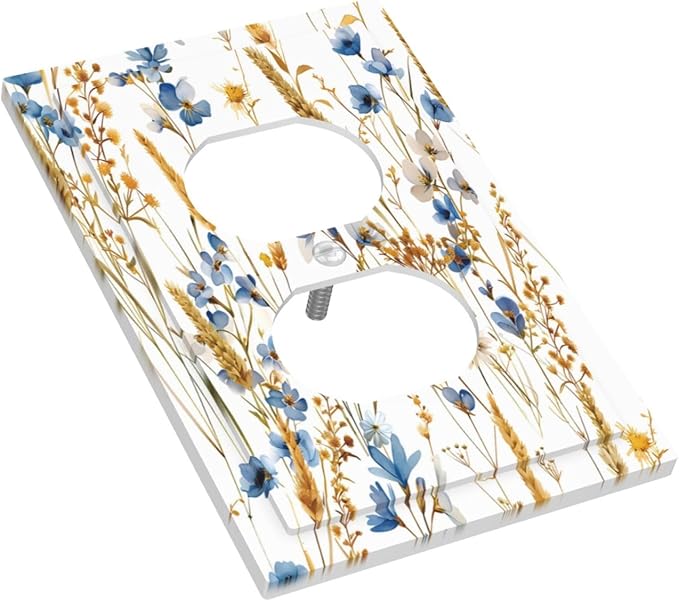 Vintage Wildflower Blue Gold Country Fall Wheat Floral Outlet Covers 1 Gang Duplex Light Switch Cover Decorative Switch Plates Electrical Receptacle Faceplate Wall Plate for Bedroom Living Room Decor