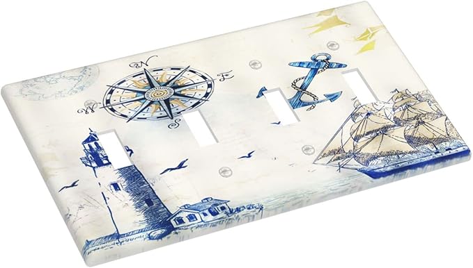 Nautical Sailboat Lighthouse Compass Anchor Quad Toggle Light Switch Covers Decorative 4 Gang Wall Plates Cover Rustic 4 Hole Electrical Device Switchplate Faceplate for Country Bathroom Decor