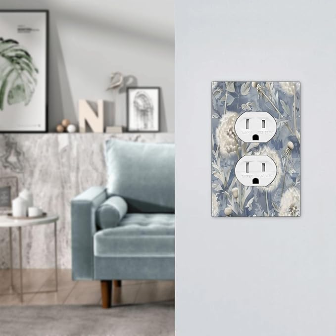 Blue Dandelion Vintage Floral Boho Flower Outlet Covers 1 Gang Duplex Light Switch Cover Decorative Switch Plates Electrical Receptacle Faceplate Wall Plate for Bedroom Living Room Home Decor