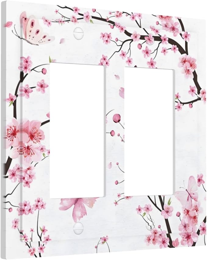 Cherry Floral Watercolor Pink Flowers Butterfly Decorative Outlet Covers 2 Gang Double GFCI Rocker Electrical Wall Panels Light Switch Cover Plate for Bed Room Living Room Decor