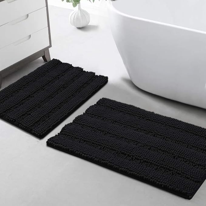 Turquoize Chenille Bathroom Rugs Set - Non-Slip Bath Mats, Extra Soft and Absorbent Shaggy Mats for Floor, Indoor Mat for Kitchen/Entryway (20" x 32" and 17" x 24"), Black