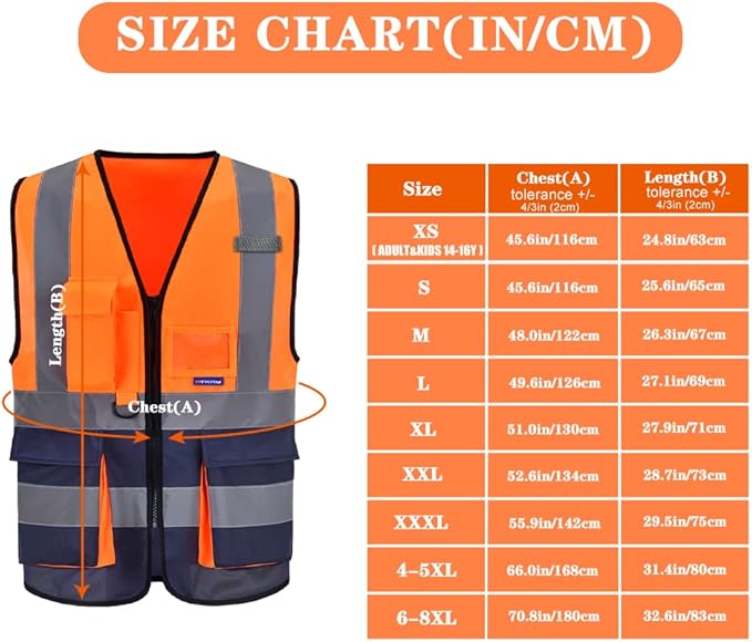 A-SAFETY High visibility vest,Reflective Safety Vest Workwear 7 Pockets Hi Vis Durable Vest with Reflective Tapes 4 Lower Pockets,Orange&Navy XXXL