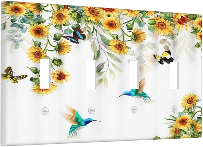 Yellow Sunflower Blue Hummingbird Butterfly Quad Toggle Light Switch Cover Decorative Rustic Farmhouse Floral Plant 4 Gang Wall Plate Cover 4 Hole Electrical Device Switchplates for Bathroom